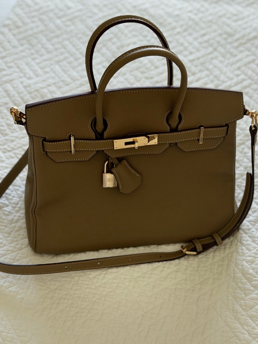 Luxury Taupe Leather Top-Handle Satchel with Gold Hardware